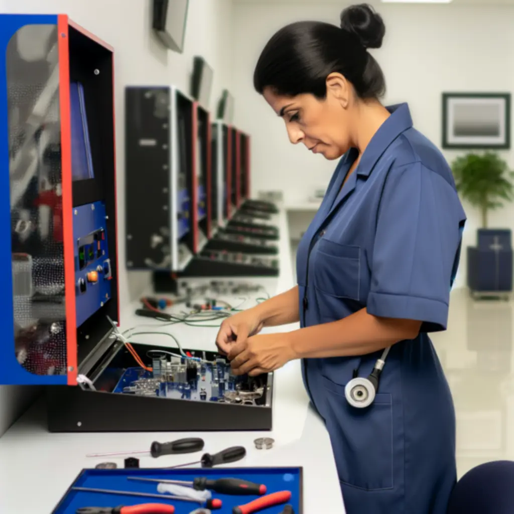 Szerviztechnikus arcade gép javításán dolgozik műhelyben