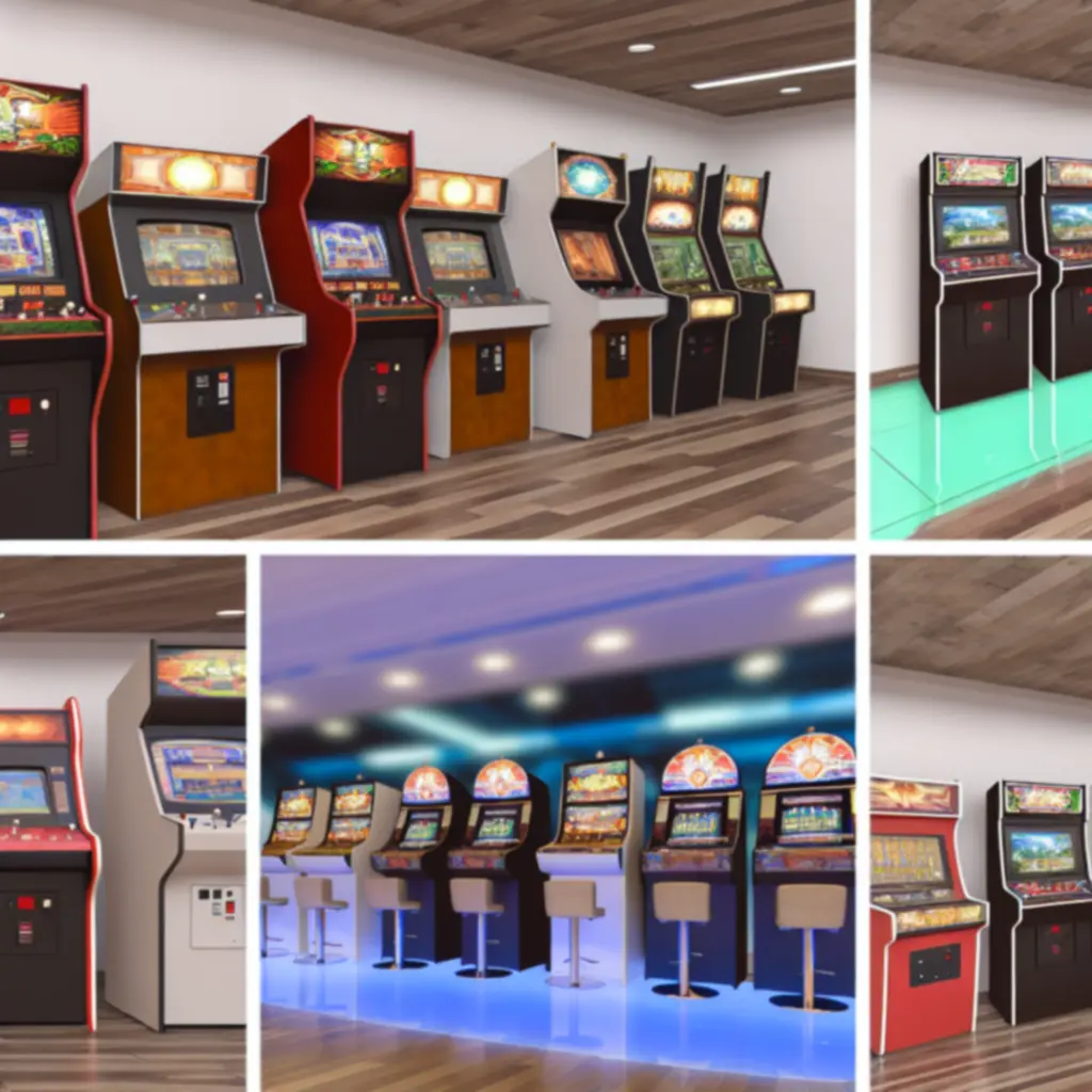 Modern arcade gépek sötét, kékes hangulatú játékteremben