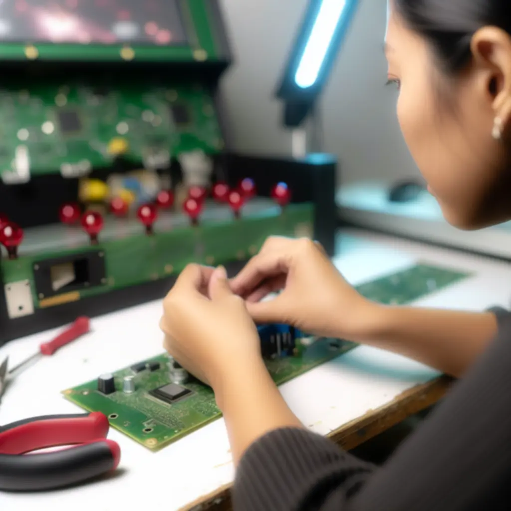 Technikus precíz javítást végez arcade vagy nyerőgépen