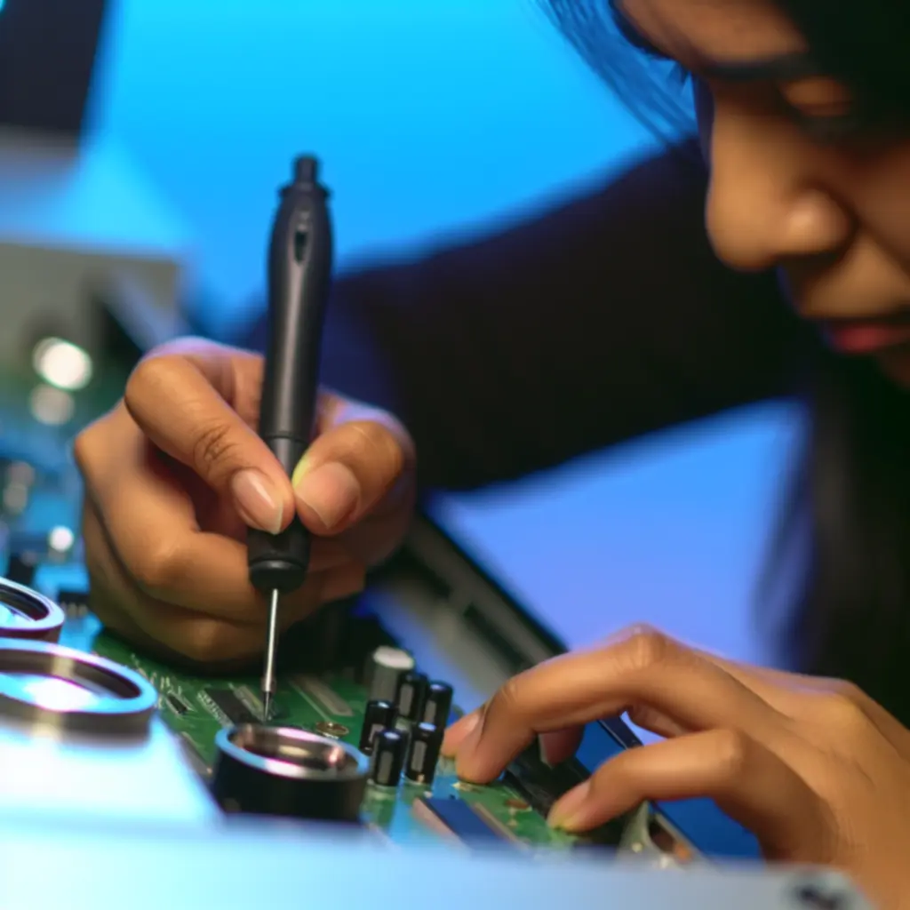 Technikus műszerekkel vizsgál egy arcade gépet